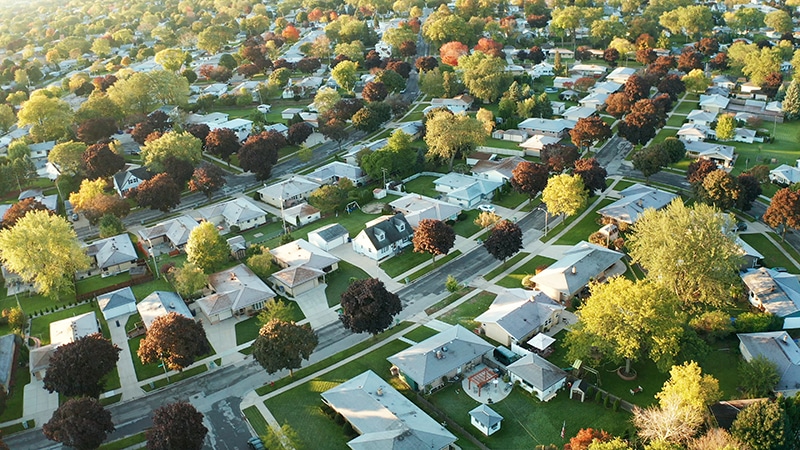 Aerial view of residential houses