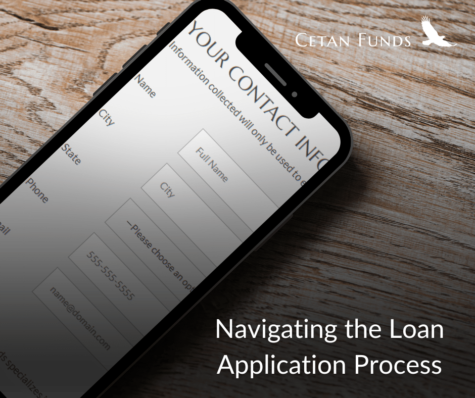 "Navigating the Loan Application Process" in white text under a mobile phone with the Cetan Funds application on the screen