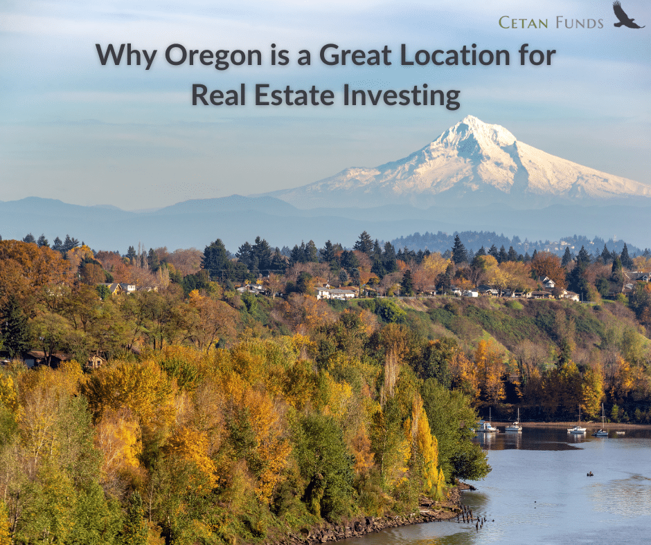 "Why Oregon is a Great Location for Real Estate Investing" in text over an aerial photo of Oregon landscape