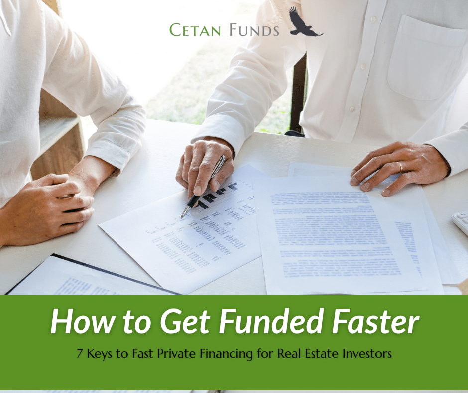 How to Get Funded Faster - 7 Keys to Fast Private Financing for Real Estate Investors "How to Get Funded Faster - 7 Keys to Fast Private Financing for Real Estate Investors" in text under an image of two people reviewing papers