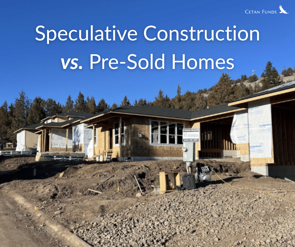 "Speculative Construction vs. Pre-Sold Homes" in text above an exterior photo of homes in construction